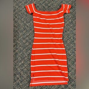 Armani Exchange orange and white striped short sleeve bodycon dress